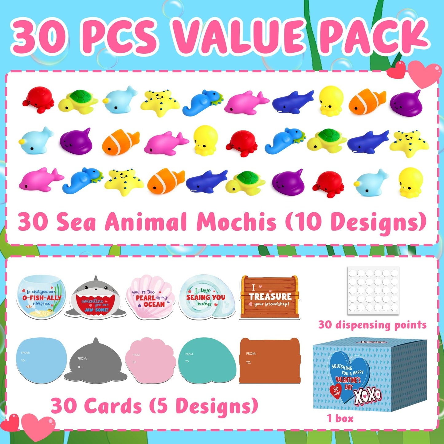 Valentines Day Cards for Kids School - 30PCS Cute Mochi Squishy Valentines for Class with Funny Ocean Valentine Cards, Valentine Party Favors for Boys & Girls, Valentine's Day Gifts for Kids Classroom