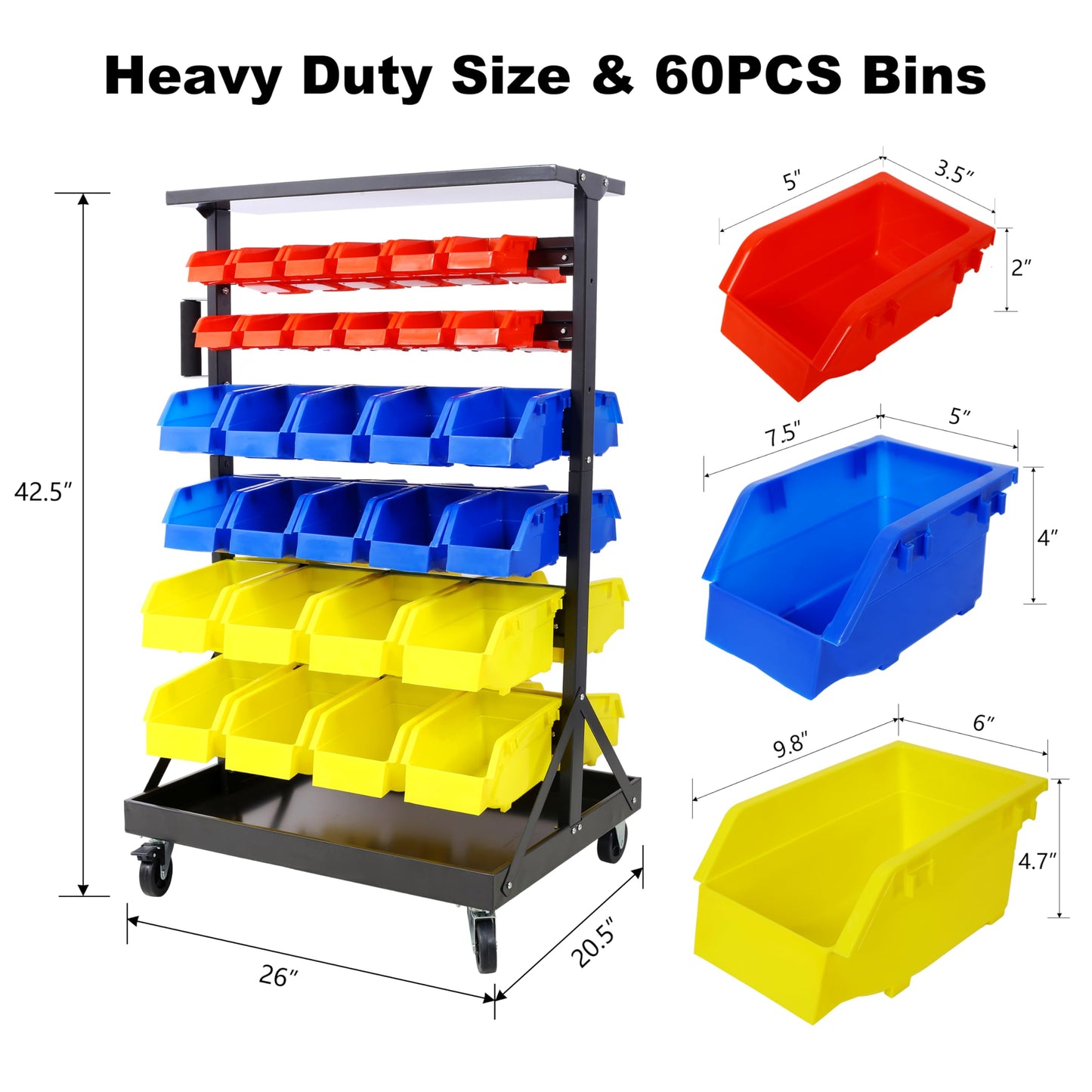 Veemuaro 6-Tier Rolling Bin Stroage Rack with 60 Bins, Dual-Sided Parts Organizer with Wheels and Top Tray, Heavy Duty Tool Storage Rack for Workshop, Garage, Utility Use