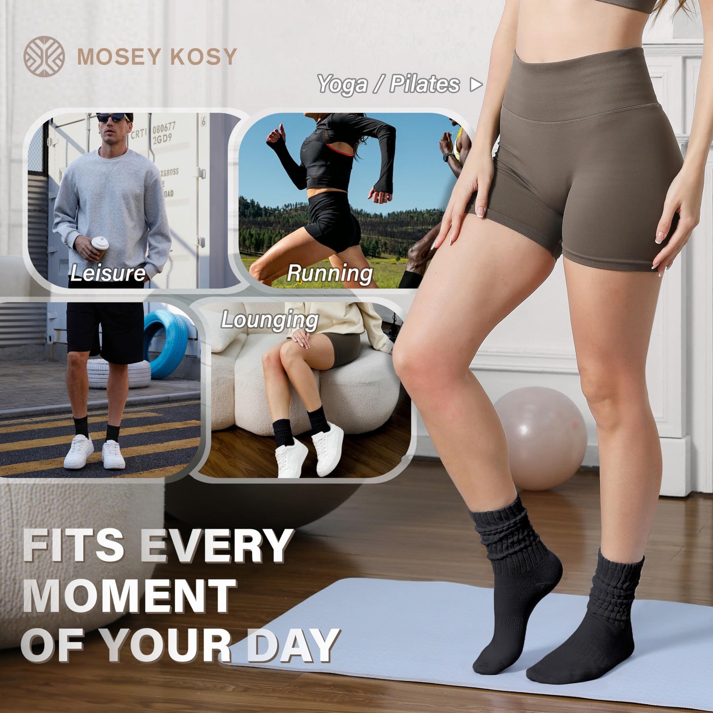 MOSEY KOSY Scrunch Cotton Socks, Slouch Calf Breathable Soft Socks for Women and Men, 4 Pairs (Black,M)