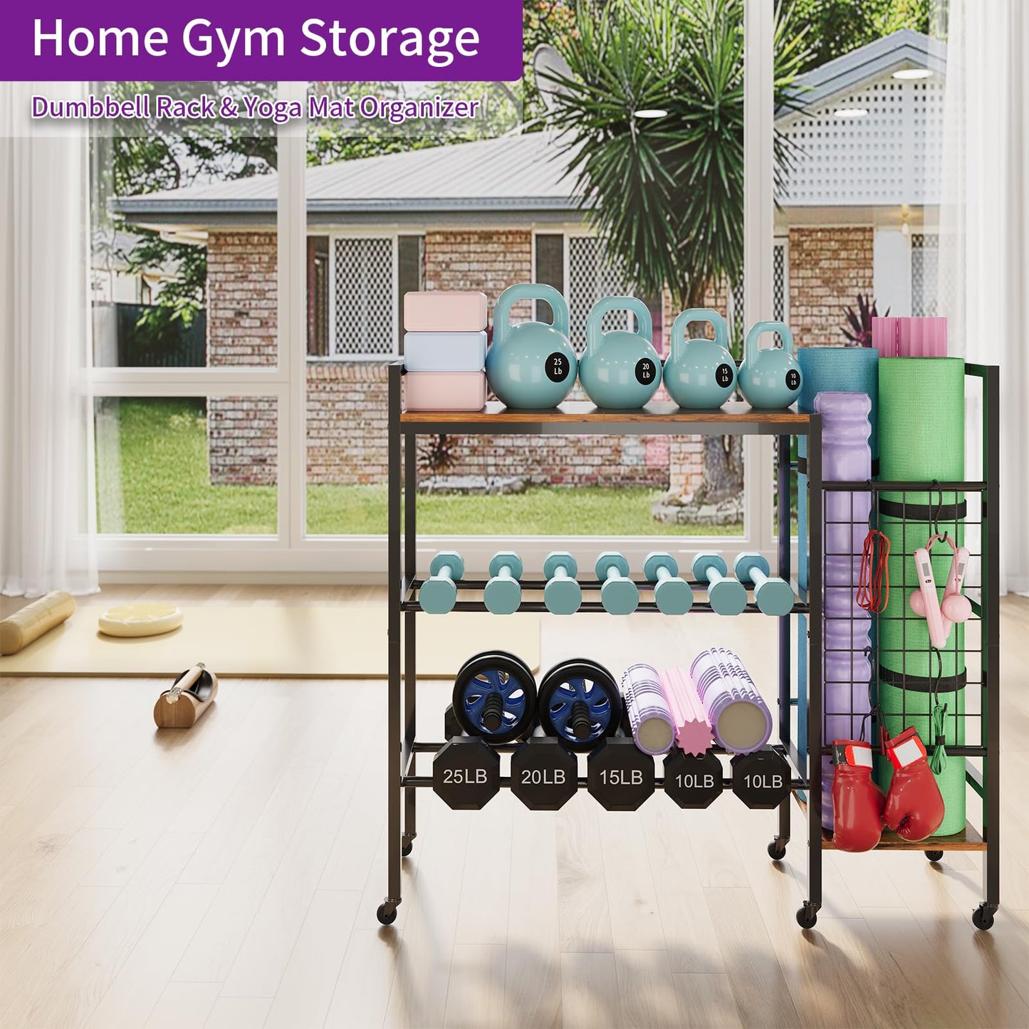 HavenlyYouth Dumbbell Rack, Gym Storage Rack, Weight Rack for Home Gym, Dumbbells, Kettlebells, Yoga Mats & More Space-Saving Home Gym Organizer
