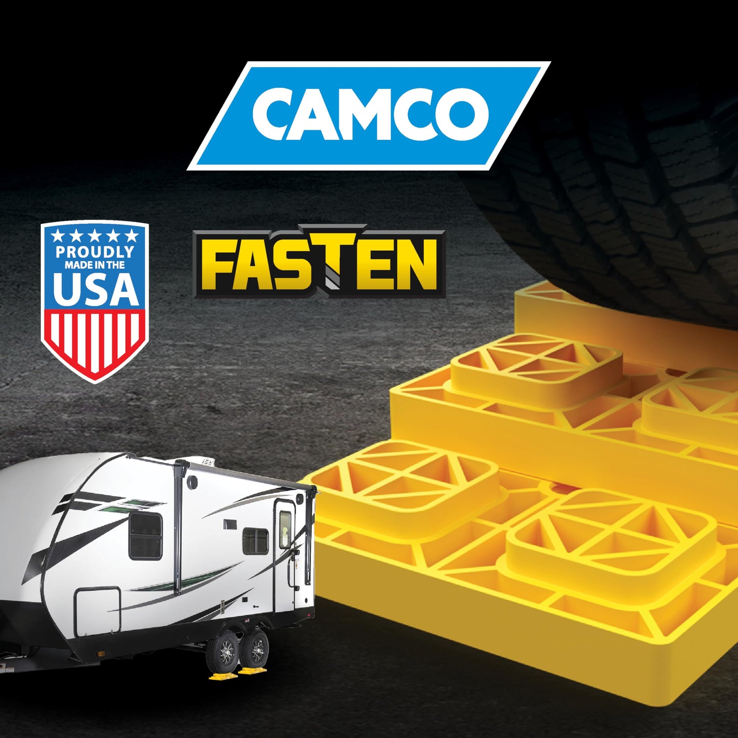 Camco FasTen RV Leveling Blocks - Features Interlocking Design for Customizable Height - Carrying Handle Twists to Secure Blocks for RV Storage - 8.5” x 8.5” x 1”, Yellow, 10-Pack (21022)