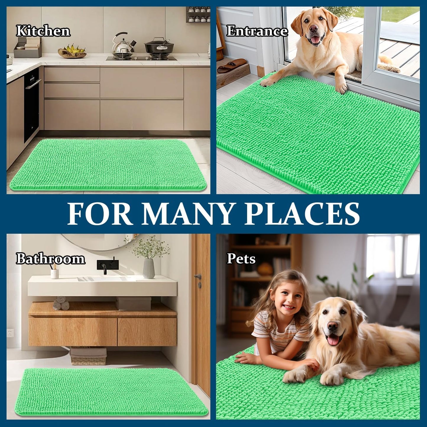 OLANLY Dog Door Mat - Absorbent Non-Slip Chenille for Muddy Paws | 30x20 Inches, Mint Green