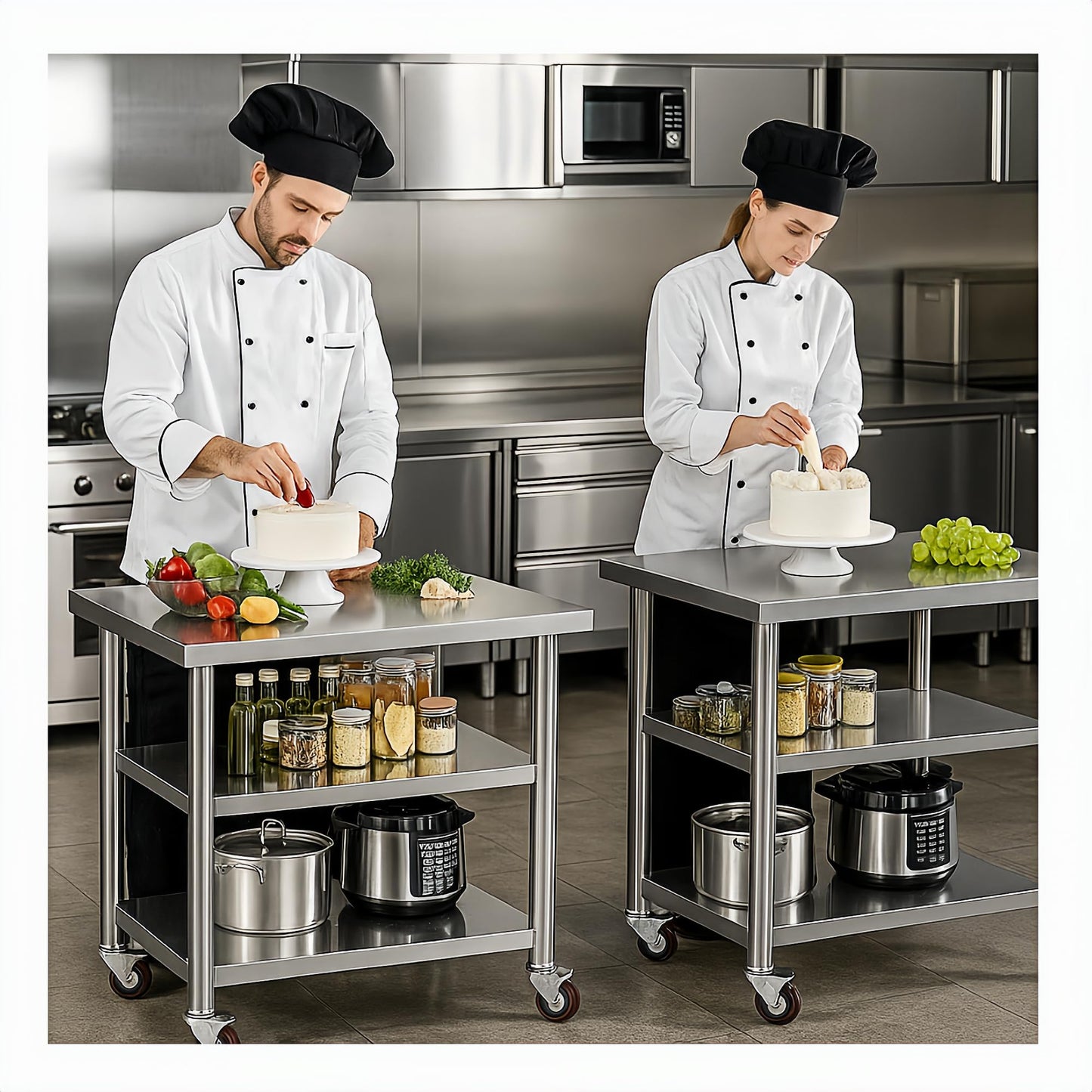Stainless Steel Table with Wheels for Food Preparation and Work, Multi-Size Optional, Three-Layer Variable Two-Layer Metal Commercial Workbench Outdoor, Restaurant, Kitchen(36" Lx24 Wx35 H)