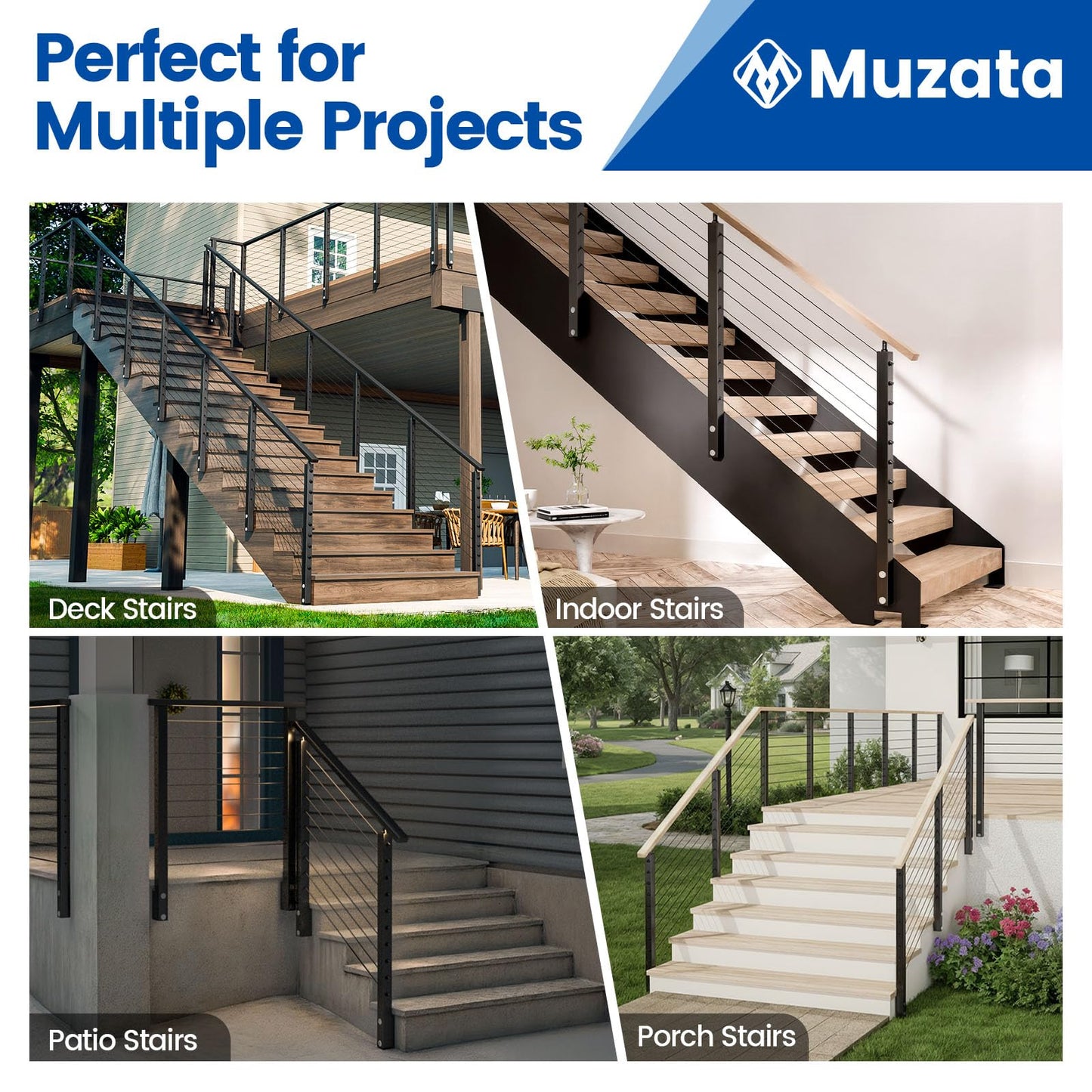 Muzata 8-12FT Modular Black Side Mount Cable Railing Kit 36 Inch 3 Stair Post Kit Complete Set Cable Railing System for Stairs Length Adjustable Easy DIY with Paper User Guide (No Handrail) RW29
