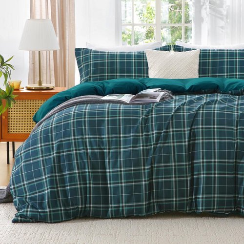 MUXHOMO Duvet Cover Queen Size, 3 Pieces Plaid Duvet Cover Set, Reversible Dark Green Bedding Set with Dual-Zipper & 8 Corner Ties (90"x90", 2 Pillowcases)