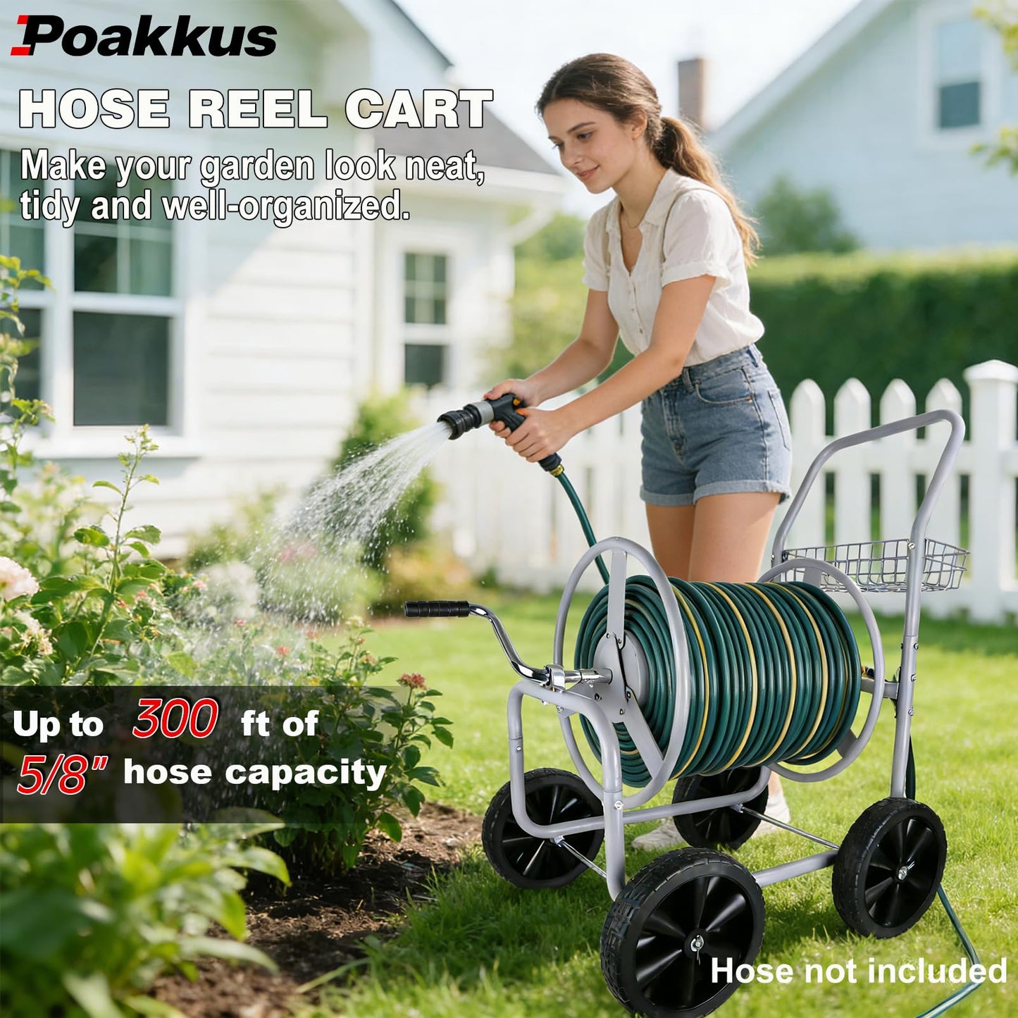 Hose Reel Cart, 300FT of 5/8’’ Hose, Heavy-Duty Water Hose Cart with 4 Wheels, Storage Basket, Portable Water Hose Organizer for Outside Yard, Outdoor Planting Tool (Sliver)