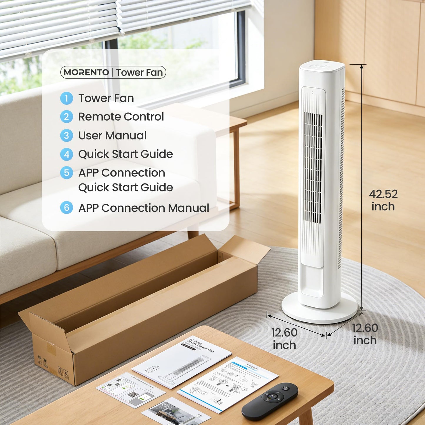 MORENTO Tower Fan for Bedroom, 2026 Upgraded 90° Oscillating 43" Standing Fan with 4 Speeds, 4 Modes, 25ft/s Velocity Bladeless Fan with APP/Voice/Remote/Touch Control, 28dB, 12H Timer, White 1Pack