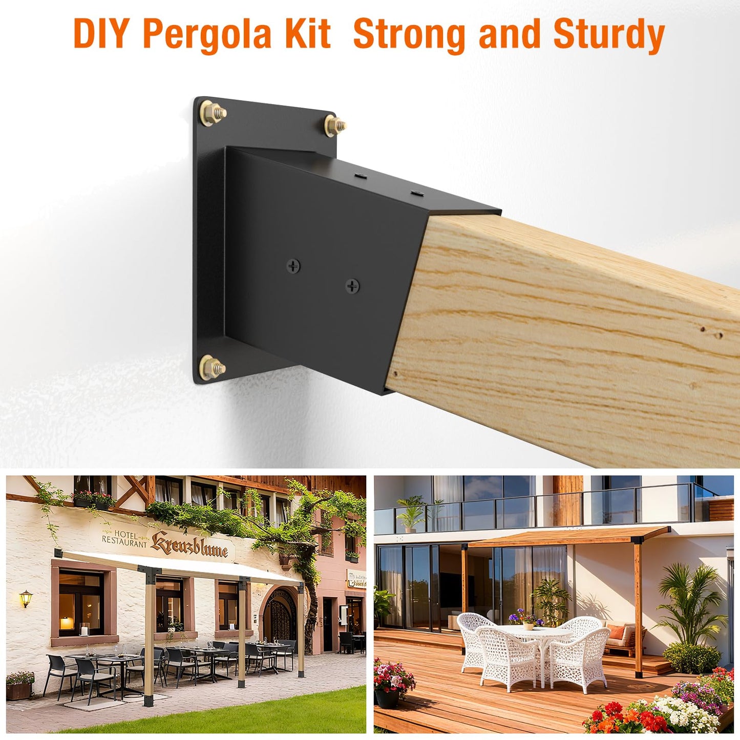 Eapele 6PCS 15° Slanted Roof Pergola Brackets, 3-Way Roof Wall Mount Extension Pergola Kit, Angled Wood Post Base Bracket,Patio Pergolas, Log Cabin