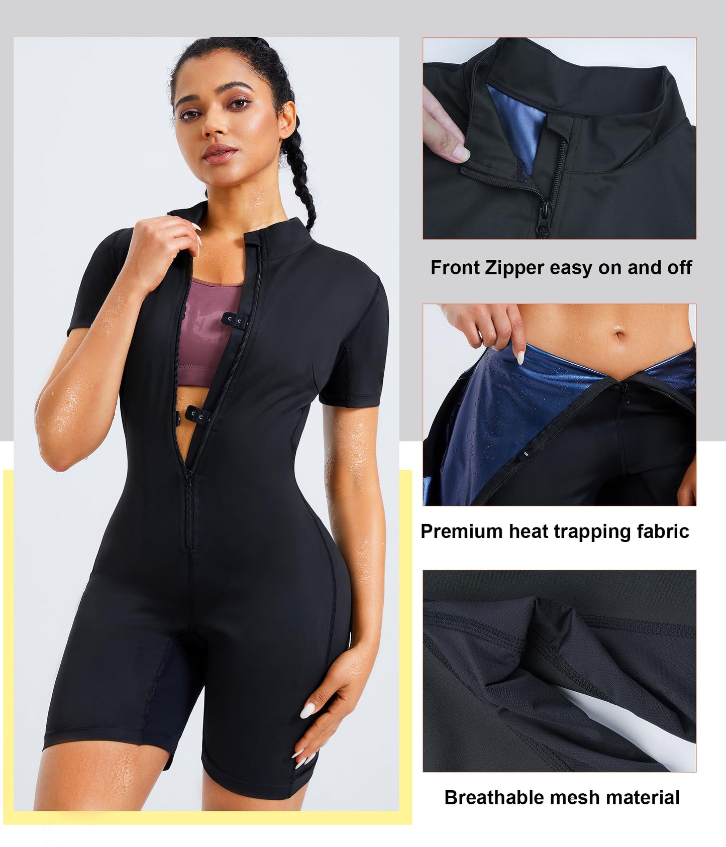 Junlan Sauna Suit for Women Full Body Jumpsuit Waist Trainers for Women Belly Fat Workout Sweat Suit(Black,X-Large)