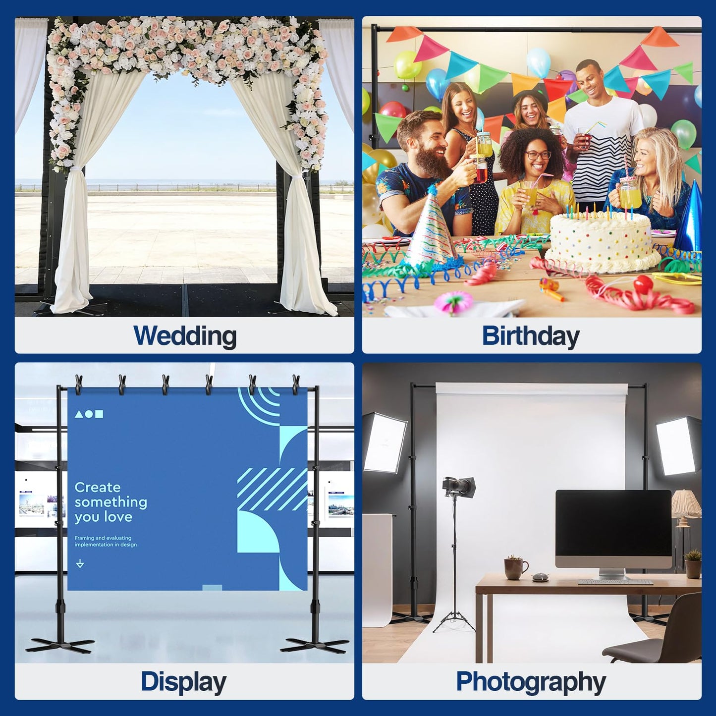 EMART Backdrop Stand Heavy Duty 10x10Ft, Pipe and Drape Photo Background Photography Kit, Adjustable Metal Frame with X-Shaped Base for Wedding Birthday Party Decoration-Black