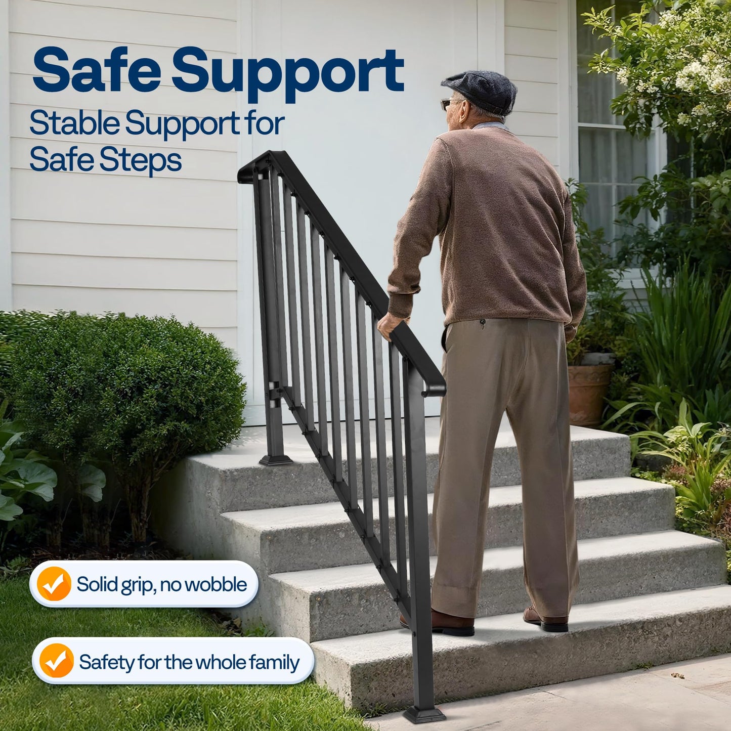 VIVOHOME 2-Pack Galvanized Steel Hand Rails for Outdoor Steps – 54.1" Curved Ends and Safety Balusters Exterior Railing Kit for Porch, Deck, or Indoor Stairs (5-Step, Black)