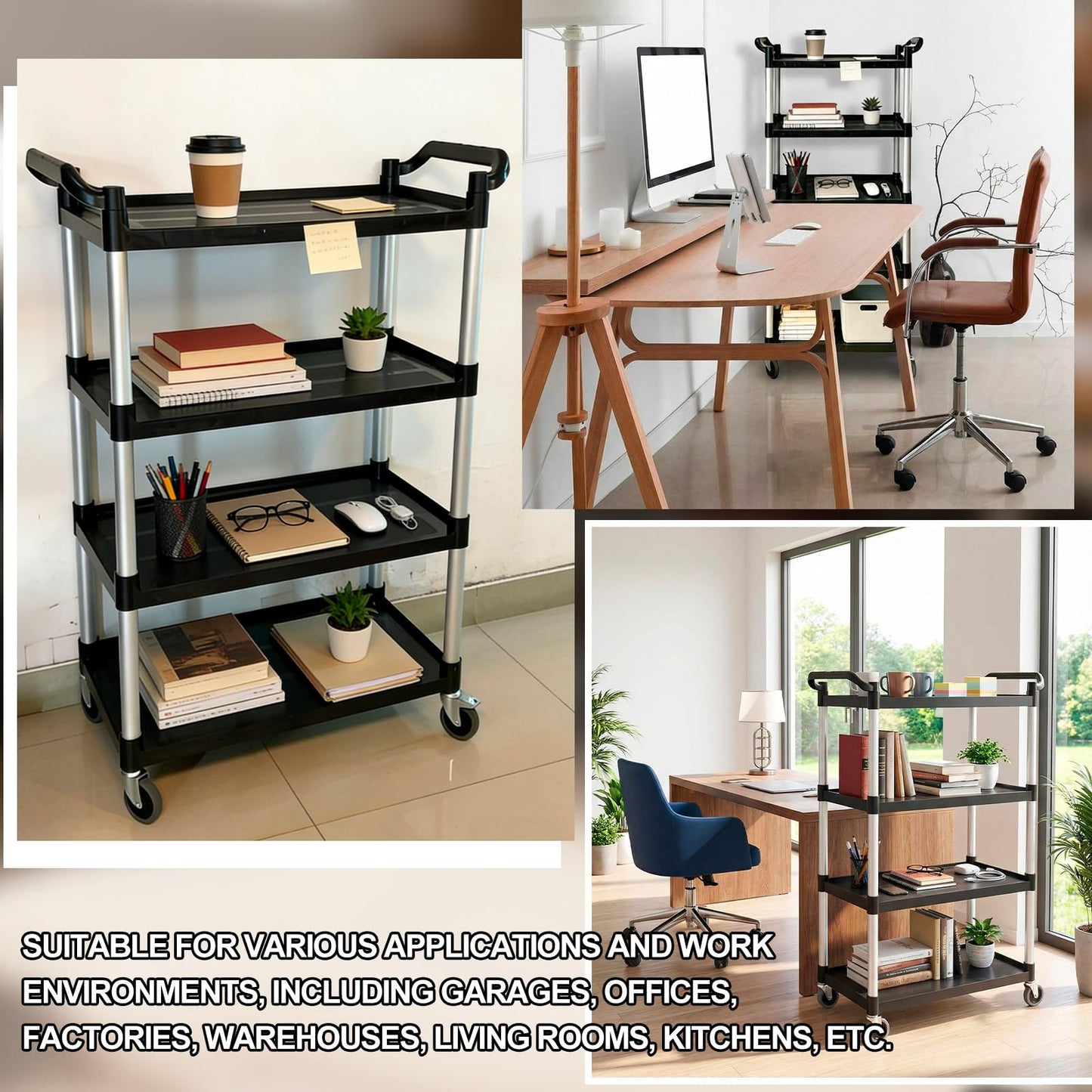 BBTO Heavy Duty 4 Shelf Utility Cart 4 Shelf Rolling Service/Utility/Push Cart with Deep Shelves and Casters, 300 Lbs, Large Capacity, for Food Service, Restaurant, Cleaning(Black)