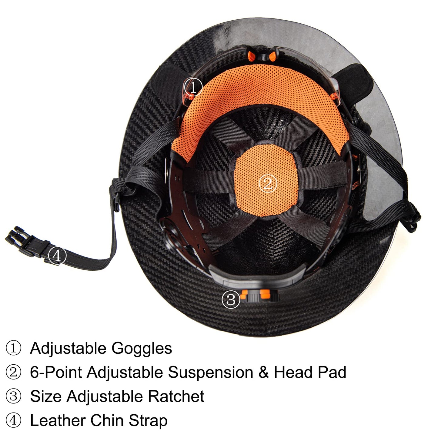 Alacati, Carbon Fiber Hard Hat Full Brim with Goggles- Safety Helmet with 6-Point Adjustable Ratchet Suspension- ANSI Z89.1 Compliant (Black)