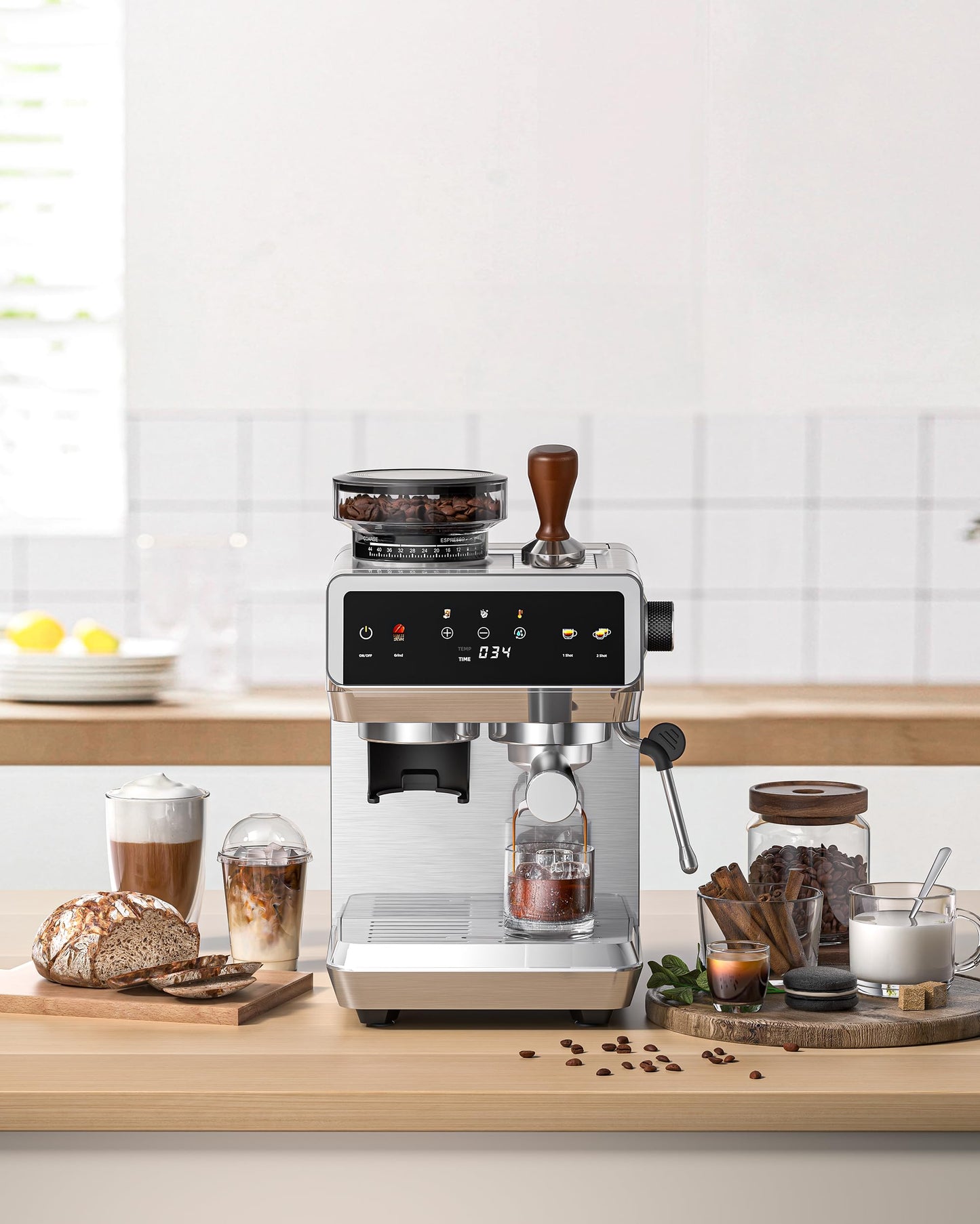 AMZCHEF Espresso Machine With Grinder, 44 Grind Settings 20 Bar Coffee Machine