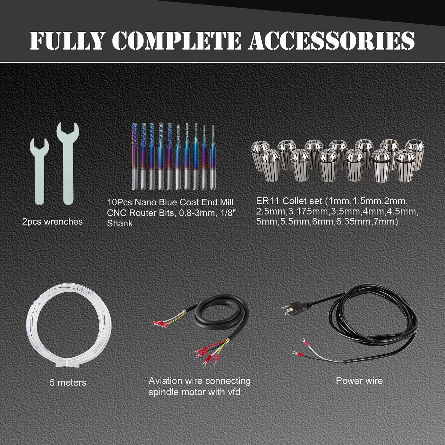 CNC Spindle Motor Kits, 220V 1.5KW 65mm Water Cooled Spindle Motor CNC motor +220V 1.5KW VFD+Clamp Mount +Water Pump+ Water pipe+ER11 Collet set + Drill bits+ wires+wrenches for CNC Router Machine