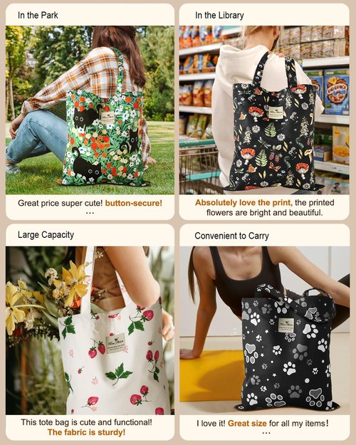 Miss Adola Aesthetic Cotton Tote Bag for Women - Reusable Grocery Bag with Buckle Green Three Cats Fabric Shoulder Bag for Shopping, Gym, Travel, Work
