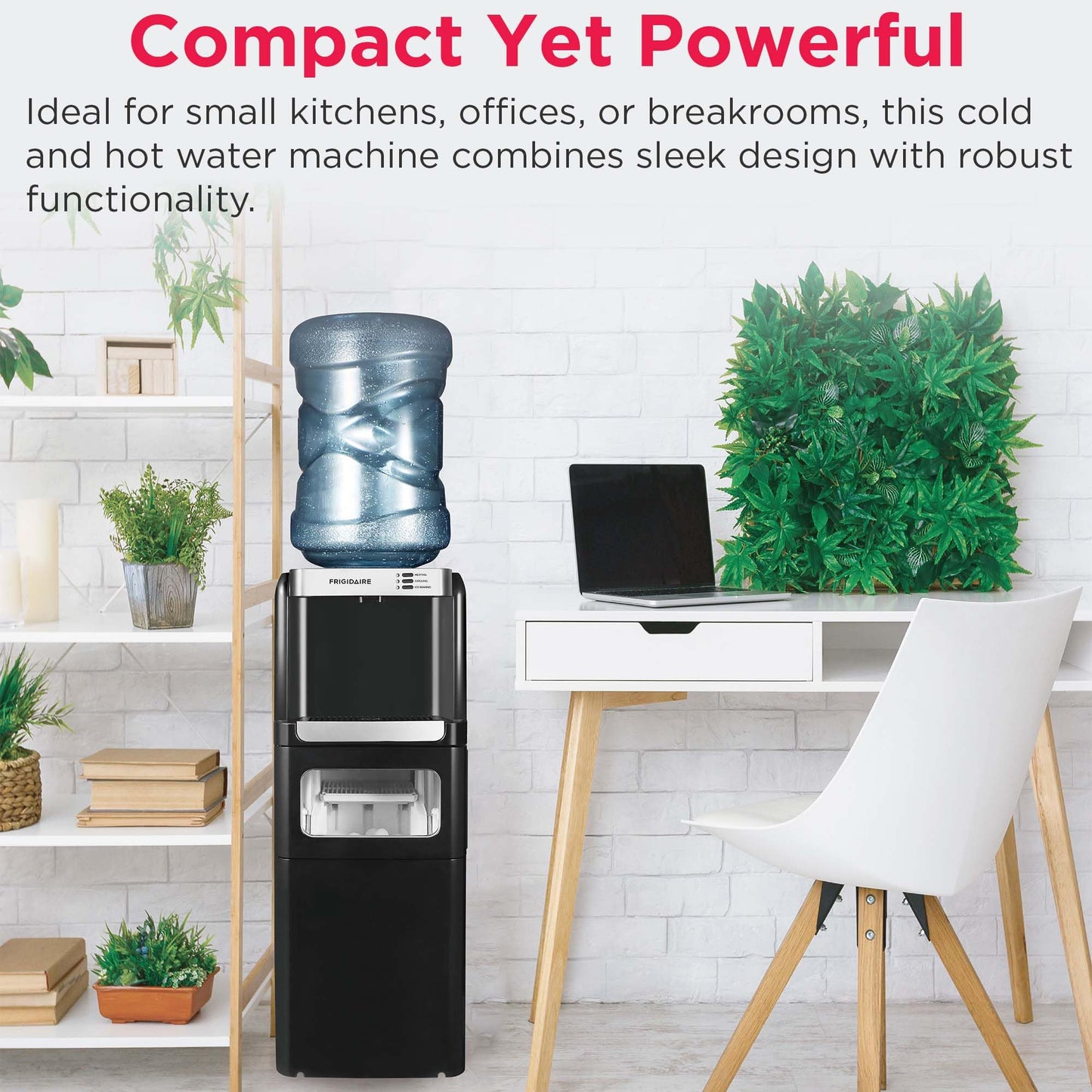 Frigidaire 3-in-1 Hot or Cold Top-Load Water Cooler Dispenser, 5 Gal Bottle, Built-in Bullet Ice Maker, Compact, Black