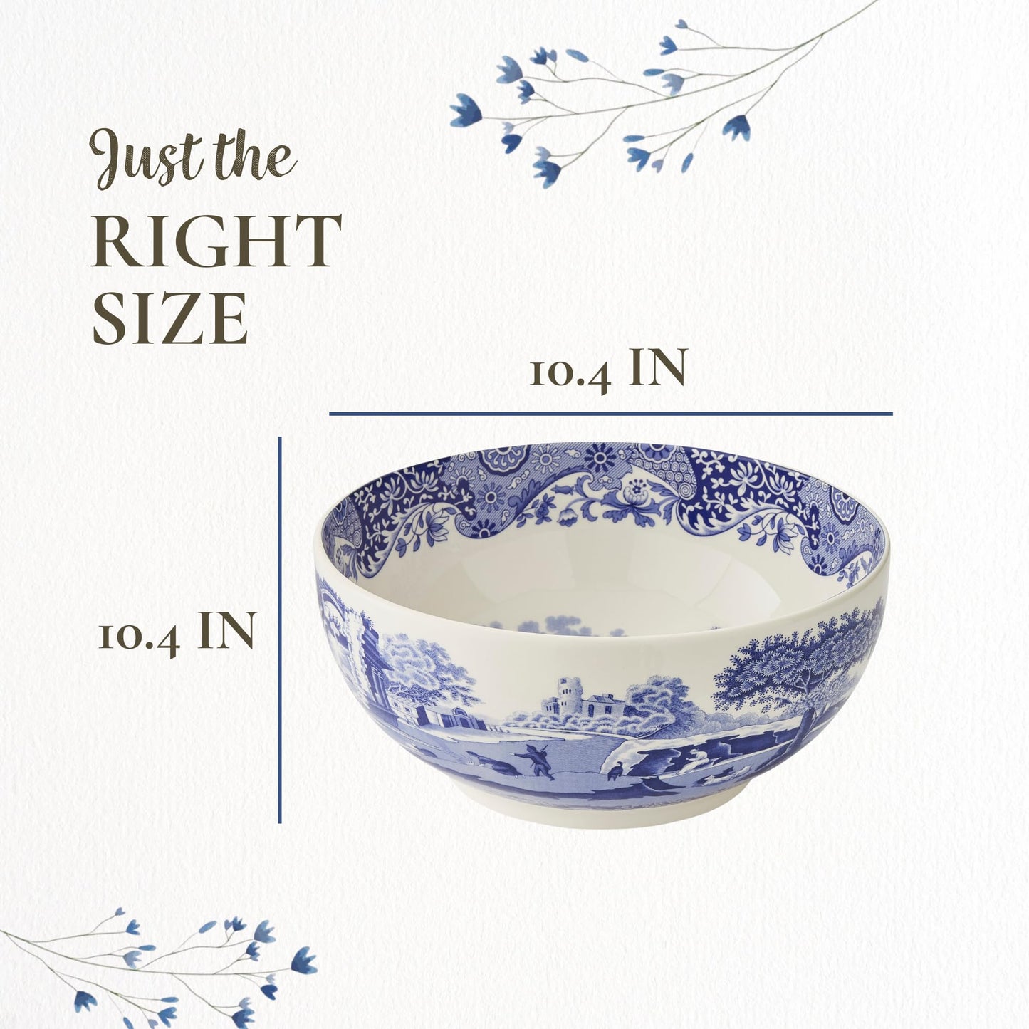 Spode Blue Italian Deep Round Bowl | 10.75 Inch Porcelain Serving Bowl for Salad | Fruit Display Dish for Kitchen Counter | Microwave and Dishwasher Safe | Made in England