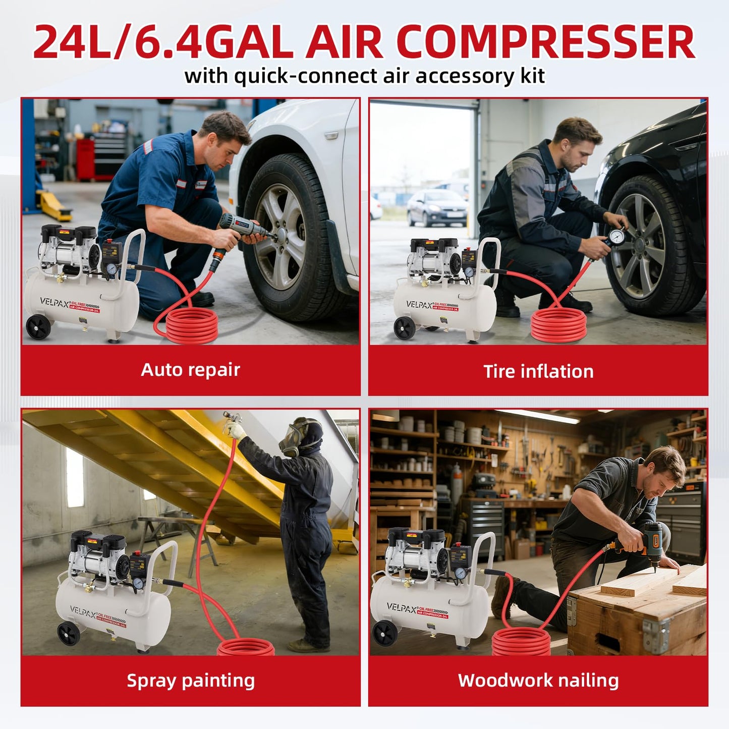 Ultra Quiet Air Compressor, Only 60dB, 6.4 Gallon Tank, Oil-Free, 110V/60Hz 2HP, 6.71CFM@115PSI, Air Compressor Perfect for Spray Painting, Auto Repair, Tire inflation, Woodwork nailing