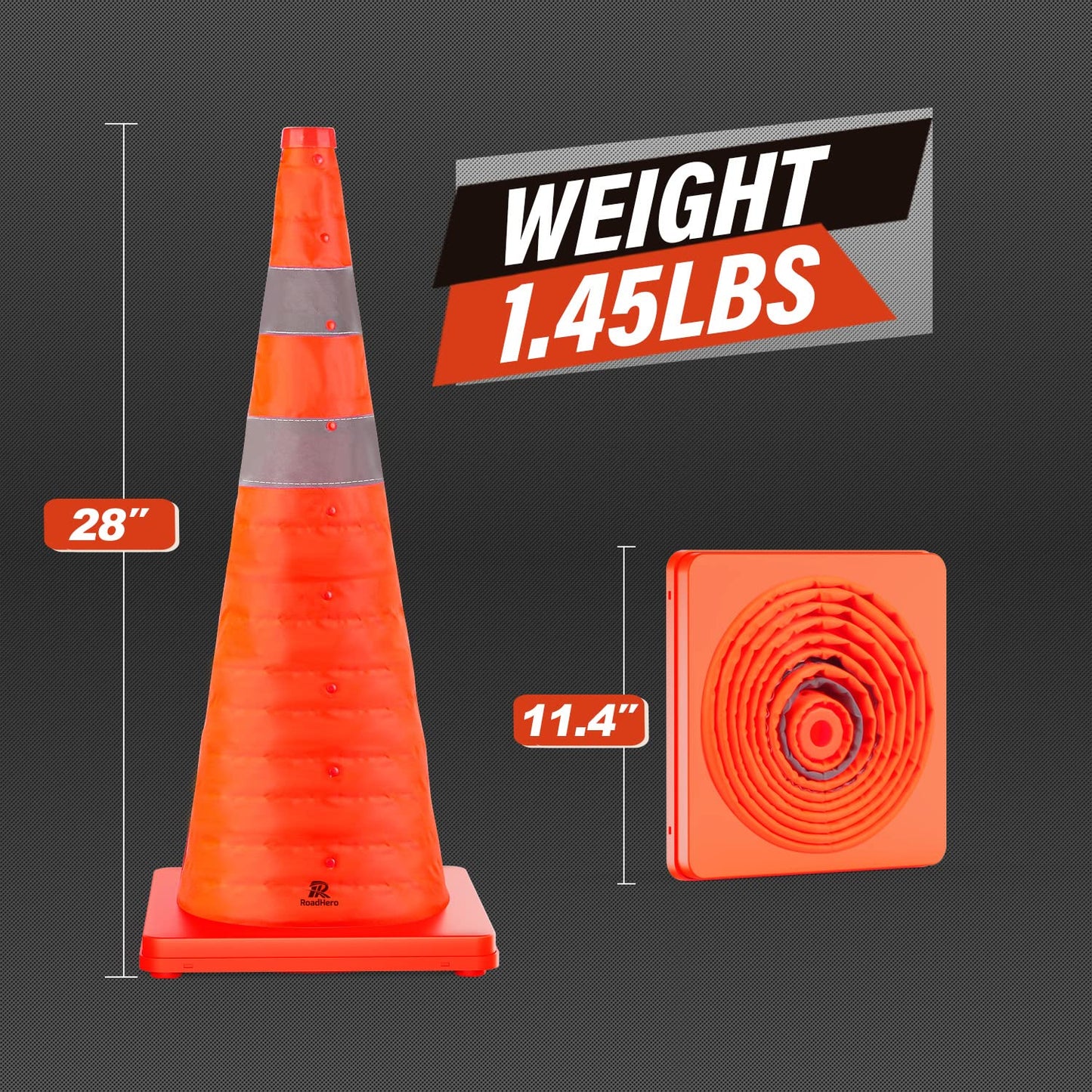 RoadHero 28 Inch 20 Pack Collapsible Traffic Safety Cones, Multi Purpose Pop-up Cones with Reflective Collar for Road Safety, Orange Cones for Driving Training, Parking Lots