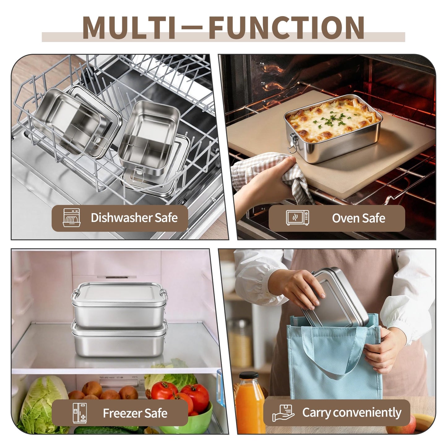 TeamFar 2 Pack Stainless Steel Bento Box, 47oz Metal Lunch Box with 3 Compartments for Adults/Kids, Lunch Food Containers for School/Work/Meal Prep, Leak-Proof & Dishwasher Safe, 1400ML