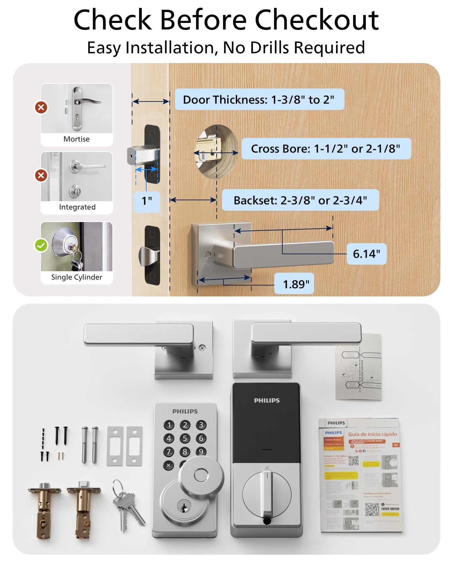Philips WiFi Keypad Door Lock with Handle, Built-in WiFi, APP Remote Control, Voice & Fingerprint Unlock, Smart Locks for Front Door with Auto Lock, Keyless Entry Deadbolt, Satin Nickel