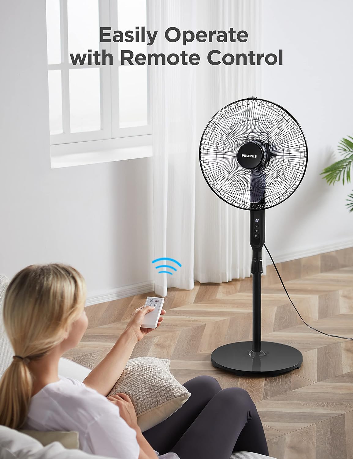 PELONIS 16-Inch Oscillating Pedestal Fan - Ultra Quiet DC Motor, Adjustable Height, Remote Control, 12 Speeds, Black