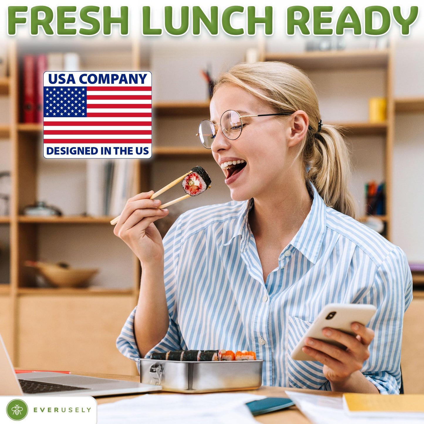 Everusely - Bento Box - Stainless Steel Lunch Box for Adults - 47 oz, 1.4 L - 5 Compartment Snack Container with Removable Silicone Seal + Secure Lock Clips - Non Plastic, Leakproof, Dishwasher Safe