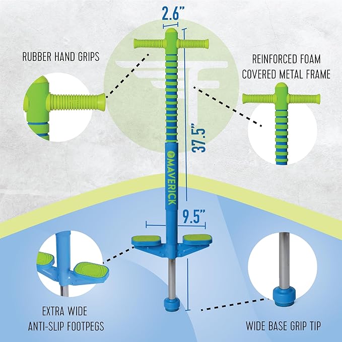 Flybar Maverick 2.0 Foam Pogo Stick for Kids Ages 5 and Up, 40 to 80 Pounds - Outdoor Toy for Boys and Girls With Rubber Grip by The Original Pogo Stick Company (Blue/Green)