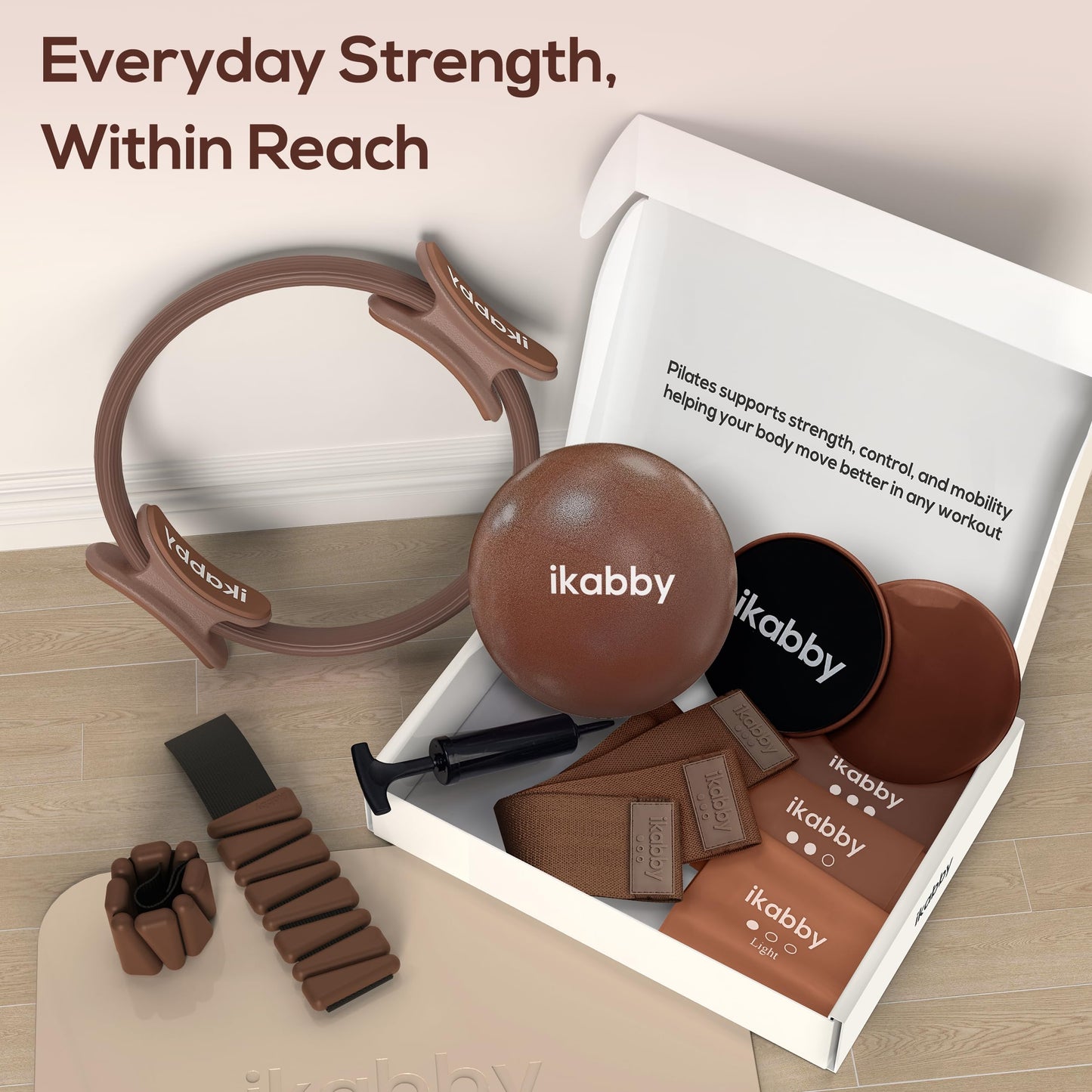 Ikabby Pilates Kit, Home Pilates Kit with Weights, Pilates Equipment for Home Workout, Pilates Essentials Kit for Women, Yoga Pilates Mat Kit for Beginners, Brown Pilates Set