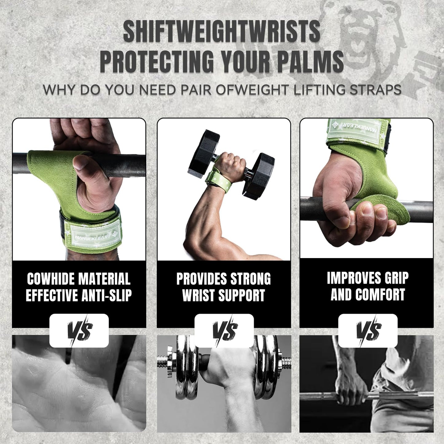 MANUEKLEAR Gym Straps Weight Lifting, Double Leather Lifting Straps for Men Deadlift with Cushion Wrist Loop, Gym Liftings Wrist Wraps for Weightlifting
