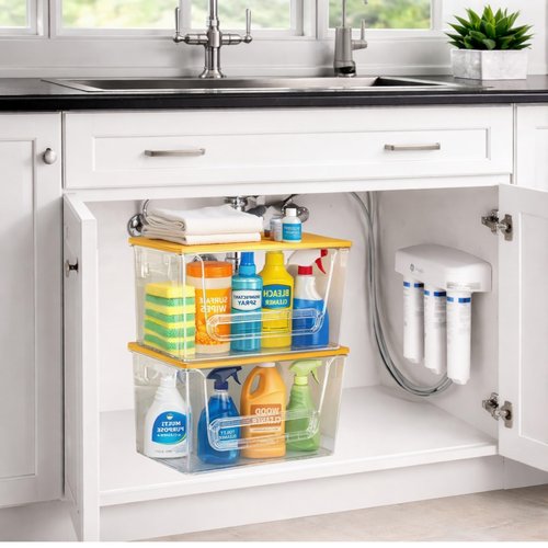 2 Set Pantry organizers and Storage,Trash Bag Holder Under sink Organizer for 4-13 Gal Bags,Trash Bag Dispenser with Bamboo Lids and Stackable Clear Bins for Potato, Onion, Garlic, Fruit, Vegetables