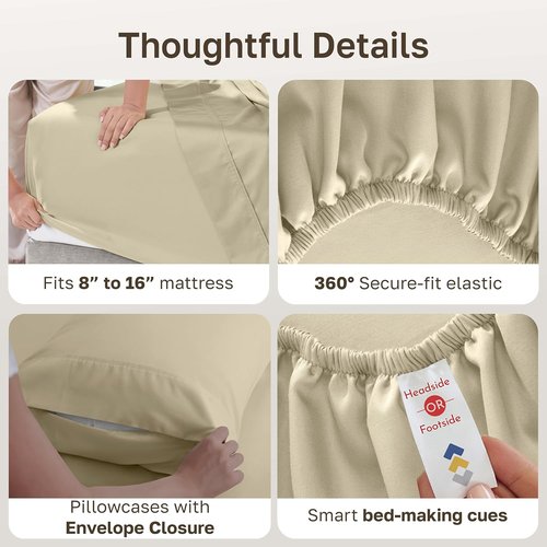 California Design Den King Size Sheets Set - Soft 400 Thread Count Sateen, 100% Cotton, Deep Pockets - Beige