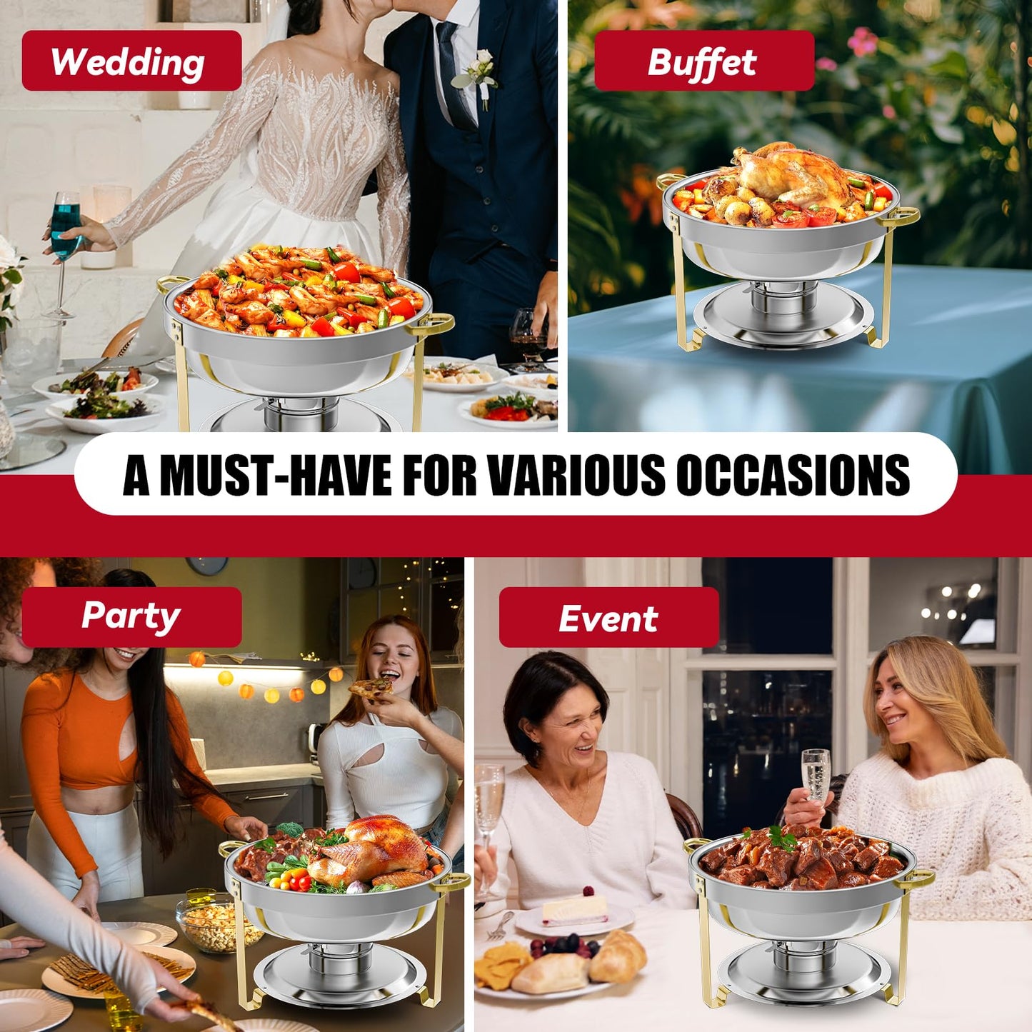 IMACONE Chafing Dish Buffet Set of 4, 5QT Round Stainless Steel Chafer for Catering, Upgraded Chafers and Buffet Warmer Sets w/Food & Water Pan, Lid, Gold Frame, Fuel Holder for Party Wedding Holiday