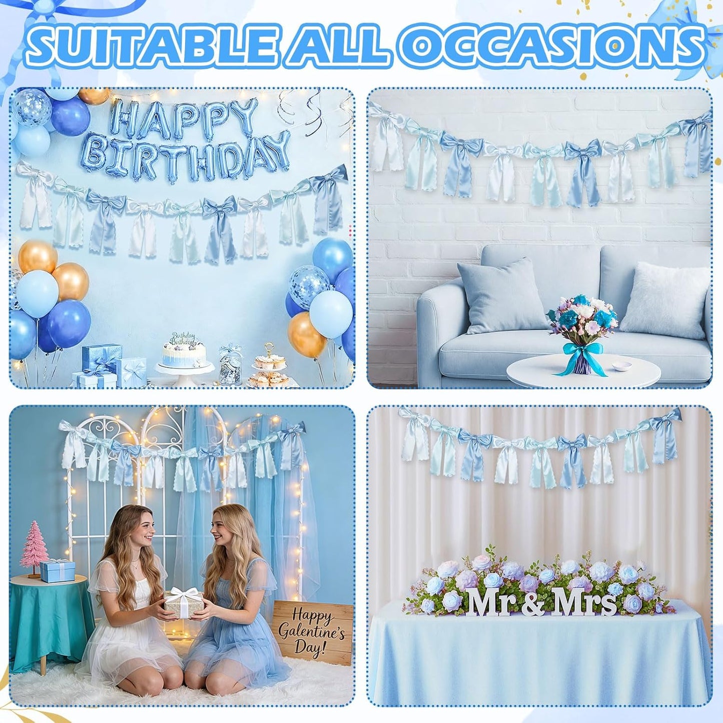 VitalCozy Blue Bow Garland - Pre-Strung Satin Ribbon Decor for Bridal Showers & Birthday Parties