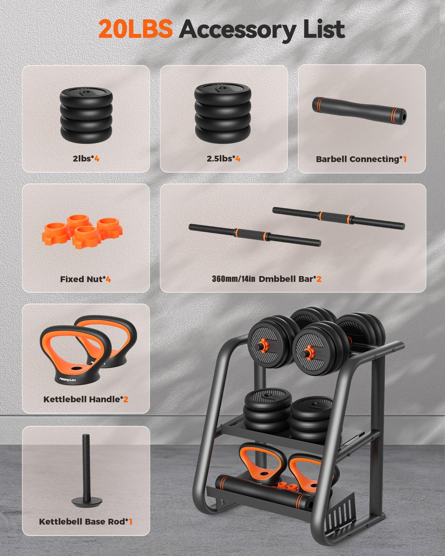 FEIERDUN Adjustable Dumbbells, 20lbs Free Weight Set with Connector, 4 in1 Dumbbells Set Used as Barbell, Kettlebells, Push up Stand, Fitness Exercises for Home Gym Suitable Men/Women