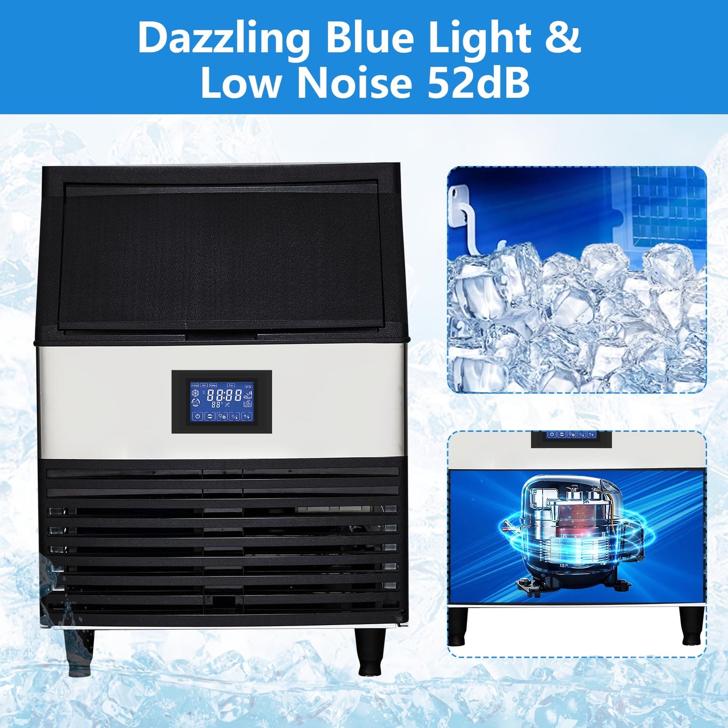 Commercial Ice Maker Machine, 440 LB/24H, 160 Cubes in 5-15 Min, 88 LB Storage Bin, Under Counter Stainless Steel Ice Making Machine for Home Bar Restaurants