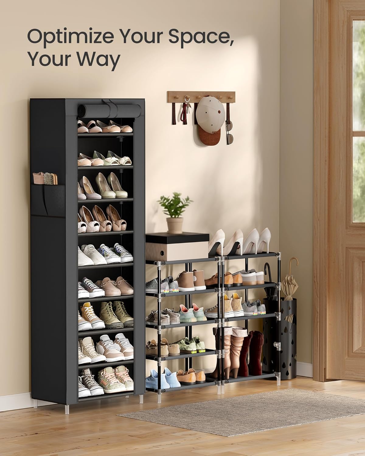 SONGMICS 10-Tier Shoe Rack - Dustproof Shoe Storage Cabinet for 20 Pairs - Black Free-Standing Organizer