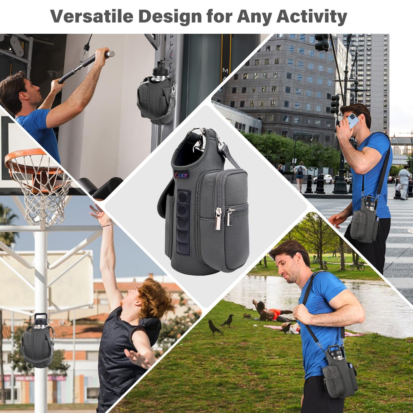 icolor Magnetic Gym Bag Water Bottle Carrier Holder with Phone Pockets & Shoulder Strap Small Gym Bag 5 Built-in Magnets Gym Accessories Organizer Magnetic Bottle Pouch for Men Women (Gray)
