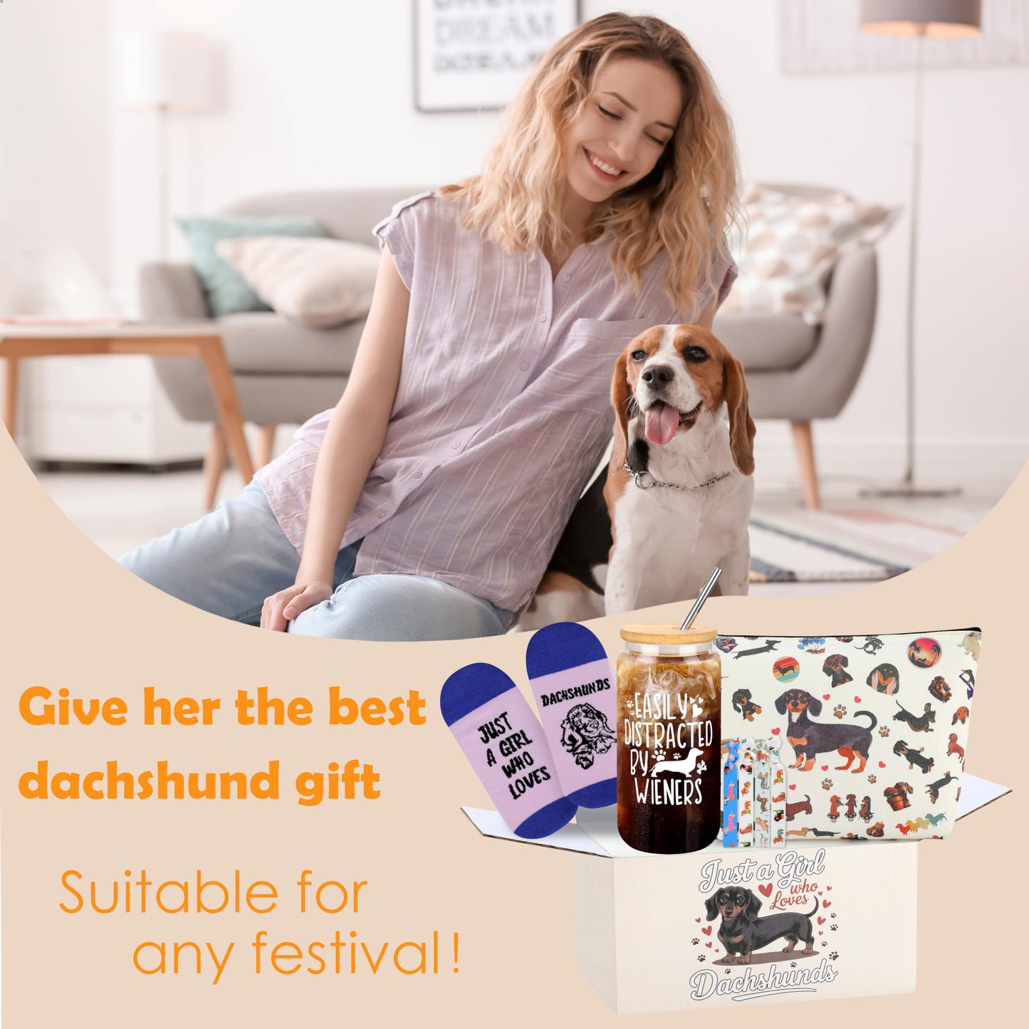 Dachshund Gifts for Women Dachshund Dog Lover Unique Gift Basket with Glass Cup Makeup Bag Headbands Novelty Socks for Dog Mom Funny Bag Birthday Gifts for New Puppy Owners