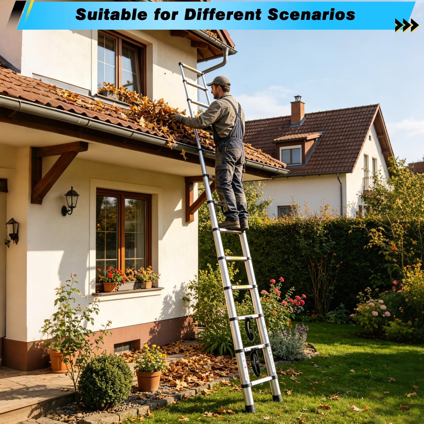 12.47FT Telescoping Ladder, Aluminum Lightweight Multi-Purpose Collapsible Extension, One-Touch Retraction Ladder,330lbs Load Capacity & Non-Slip Feet, for Home (Sliver, 12.47 FT (One-Button))
