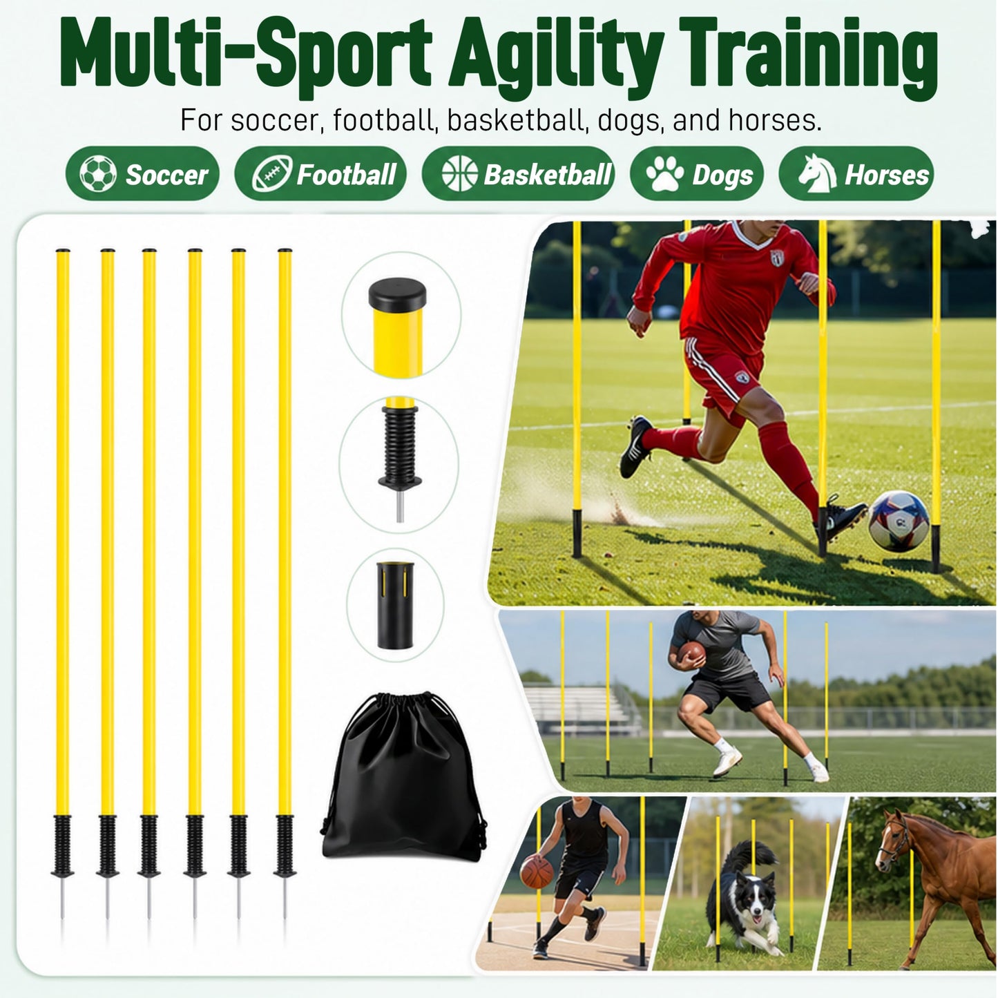 6 Pcs Soccer Agility Poles for Training,5 FT Adjustable Speed and Agility Training Equipment,Football/Basketball/Horse/Dog Sports Practice Equipment,Soccer Sticks with Ground Spring Nails for Outdoors