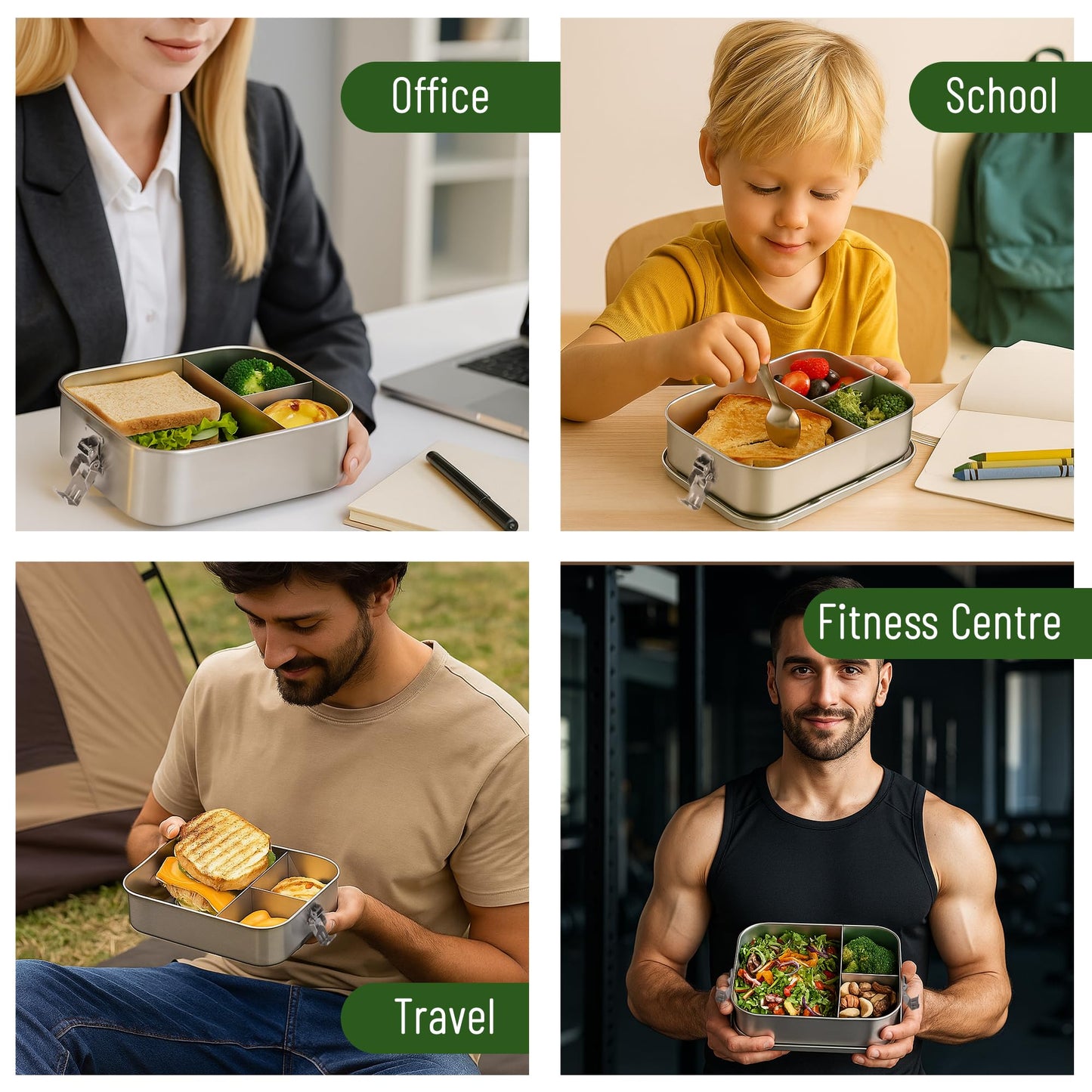NAYELF Bento Box for Kids, 1.5L/50oz Stainless Steel Snack Containers with 3 Compartments, Lockable Clip Kids Lunch Box, Eco-Friendly, Leak-proof, Dishwasher-Safe for Home, School, Travel