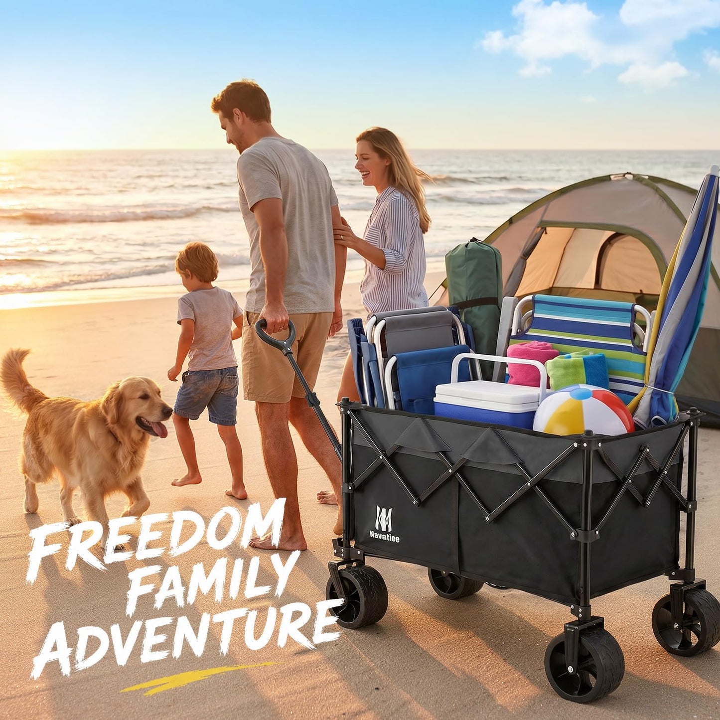 Navatiee 330Lbs Collapsible Folding Wagon, Beach Wagon Cart Heavy Duty Foldable with Big Wheels, Utility Grocery Wagon with 165L Large Capacity for Camping Garden Sports, Black