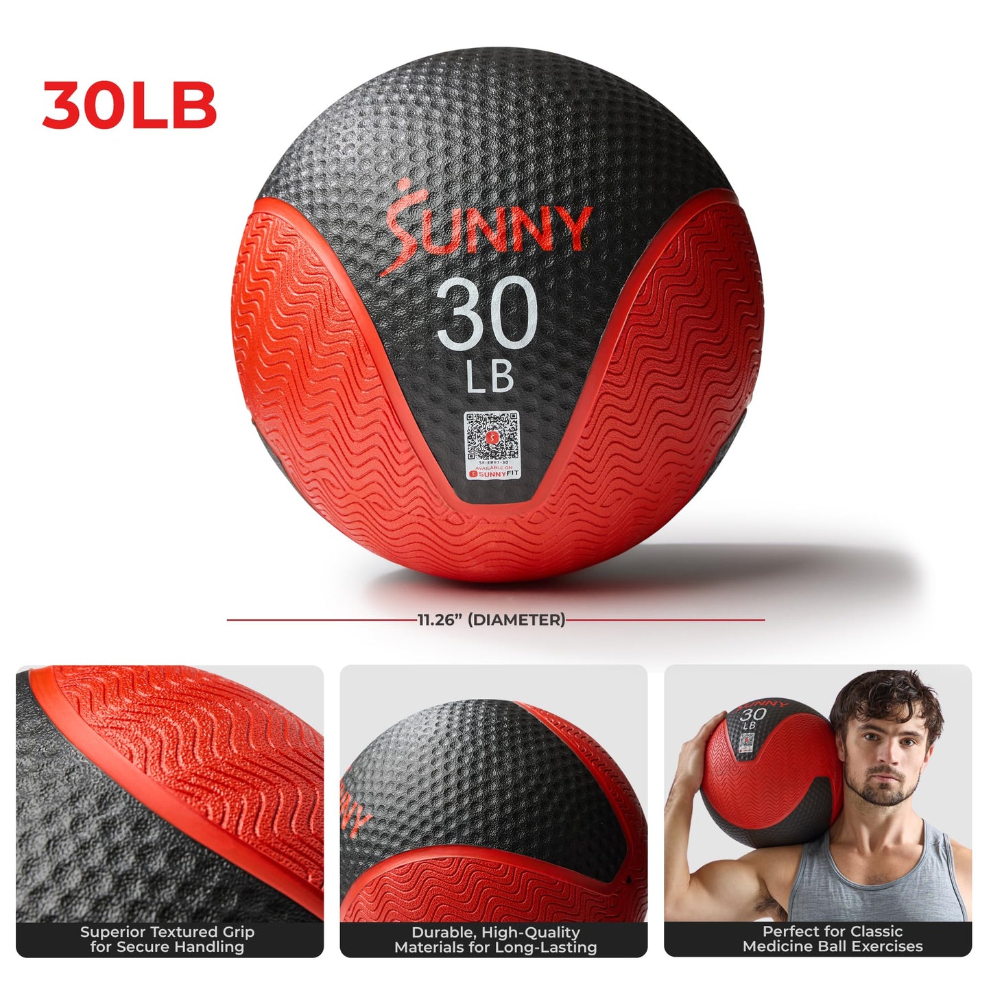 Sunny Health & Fitness 30LB Medicine Ball, Textured Rubber, Core Strength & Balance Training, Bouncing, Weight for Home Workouts SF-EB03-30