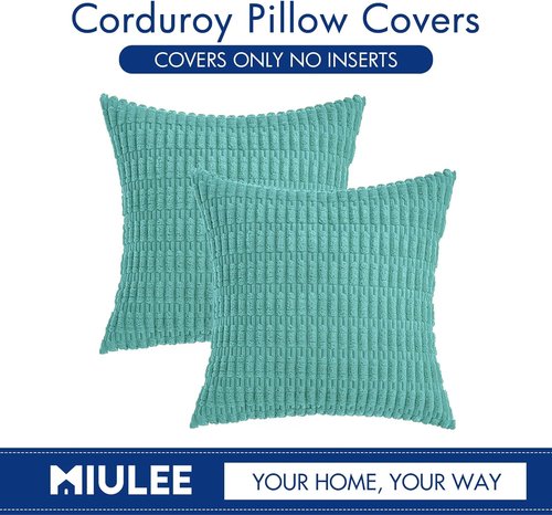 MIULEE Corduroy Throw Pillow Covers - Soft Boho Striped Design | 18x18 Inch Aqua Green for Modern Farmhouse Decor