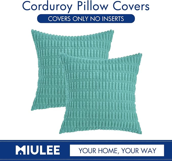 MIULEE Pack of 2 Corduroy Decorative Throw Pillow Covers 20x20 Inch Soft Boho Striped Pillow Covers Modern Farmhouse Home Decor for Summer Sofa Living Room Couch Bed Aqua Green
