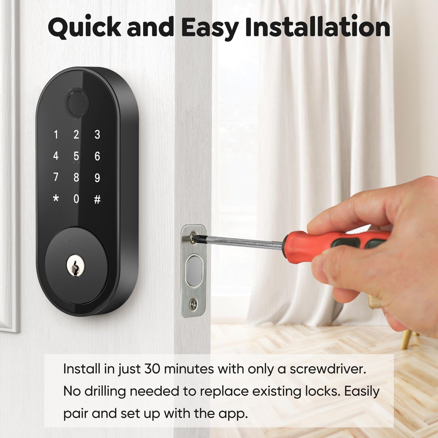 Fingerprint Smart Deadbolt with Keypad – Keyless Entry Lock for Home, Apartment, Office, Airbnb, Rental, Kids & Seniors, App & Code Access, Auto-Lock, Easy DIY Install, Compatible with Alexa & Google