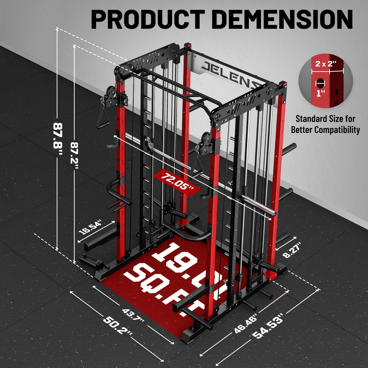 JELENS Smith Machine for Home Gym, Multi-Function M12 Power Cage, Squat Rack with Smith Bar and More Attachment (Red, Weight Bench Package)