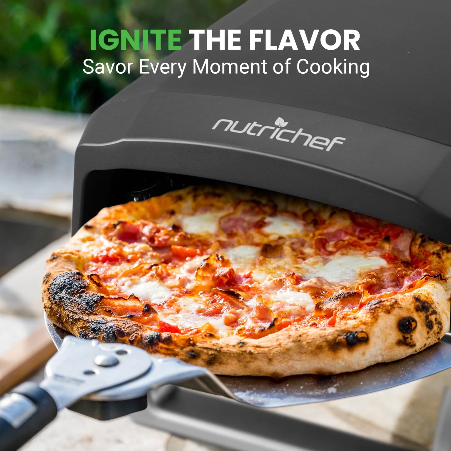 NutriChef Portable Outdoor Gas Pizza Oven - Unique Design, Easy Bake Oven with Pizza Stone, Foldable Feet, One-Touch Gas Ignition, Adjustable Heat Control, Stainless Steel, 932°F Max